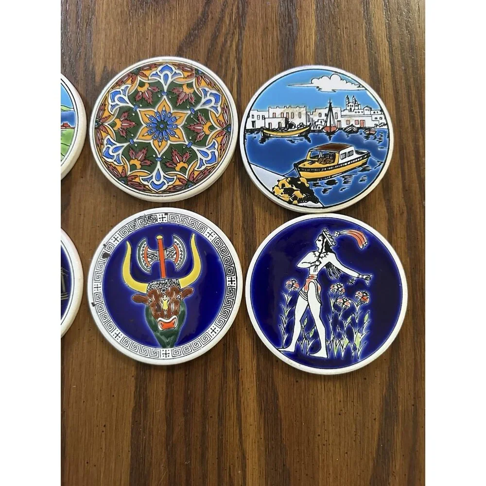 8 Vintage Smaltotechniki & Thanos Ceramic Greek Round 3.5